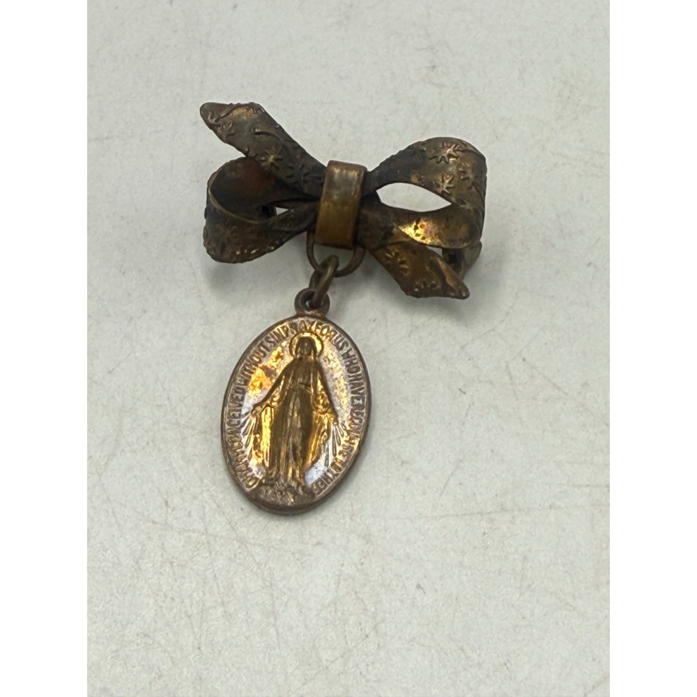 Vintage Miraculous Medal Bow Brooch Religious Mary Pendant Antique Brass Tone